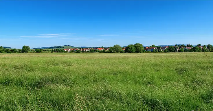 Weites grünes Feld mit Dorf im Hintergrund