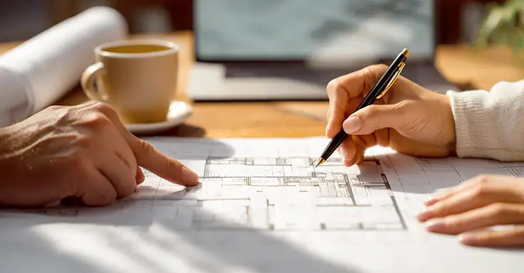 Zwei Personen besprechen Wohnungsgrundriss am Tisch