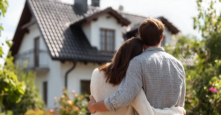 Paar betrachtet ihr geerbtes Haus zum Verkauf