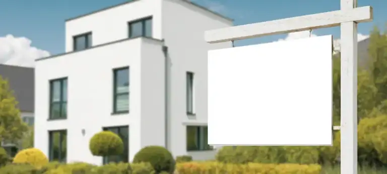 Maklergalgen vor modernem weißen Haus mit Garten